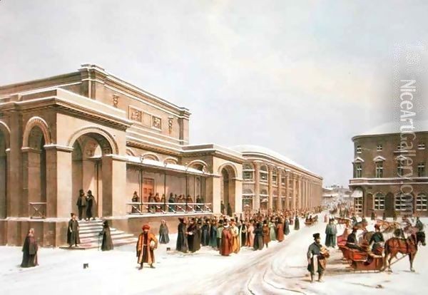 The New Stock Exchange and the Arcade in Moscow Oil Painting - Louis Jules Arnout