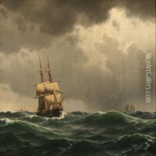 Marine With Sailing Ships In High Waves Oil Painting - Carl Emil Baagoe