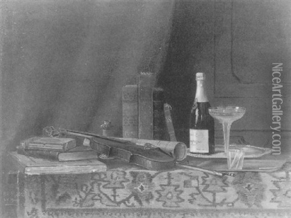 Still Life With Champagne, Books And Violin Oil Painting - Nicholas Alden Brooks