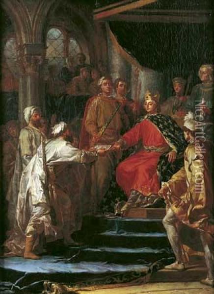 Saint Louis Recevant L'ambassadeur Du Roi De Tartarie (sic) Oil Painting - Nicolas-Guy Brenet