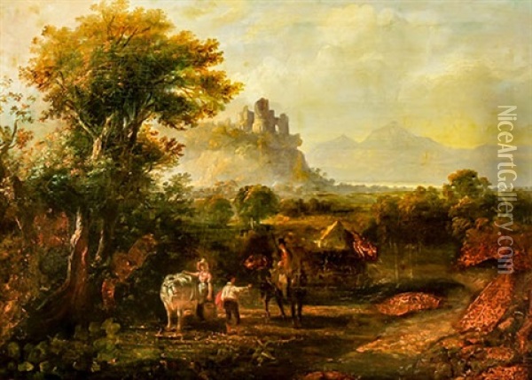 Traveler In A Farm Landscape Oil Painting - James E. Meadows
