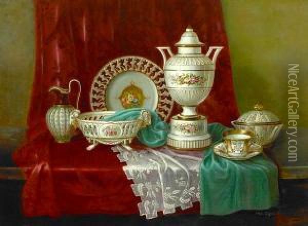 A Still Life With French Porcelain On A Table Oil Painting - Anna Sattler