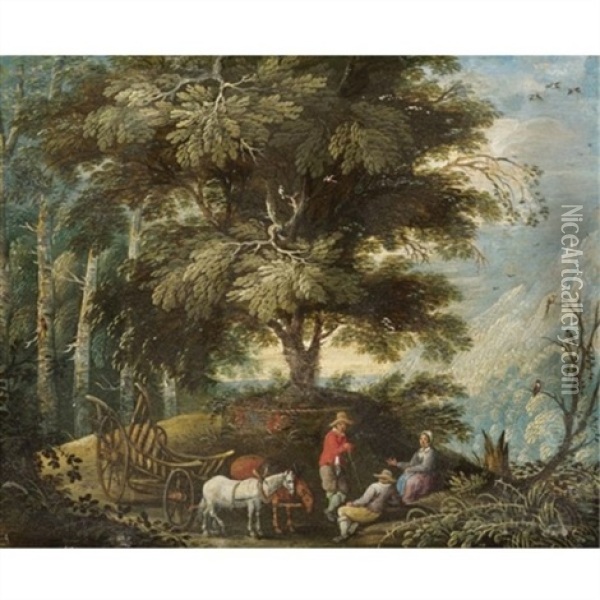A Mountainous Landscape With Figures Resting On A Path Beside A Wagon Oil Painting - Mattheus Molanus