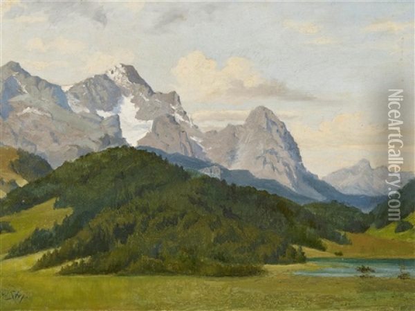 A View Of The Zugspitze And The Waxensteine Oil Painting - Otto Struetzel