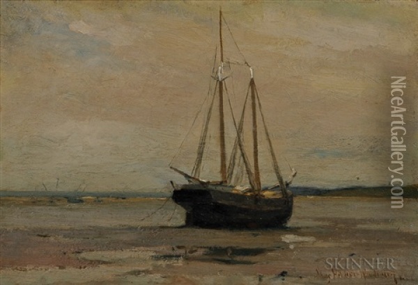 Sailing Vessel Beached At Low Tide Oil Painting - Charles Herbert Woodbury