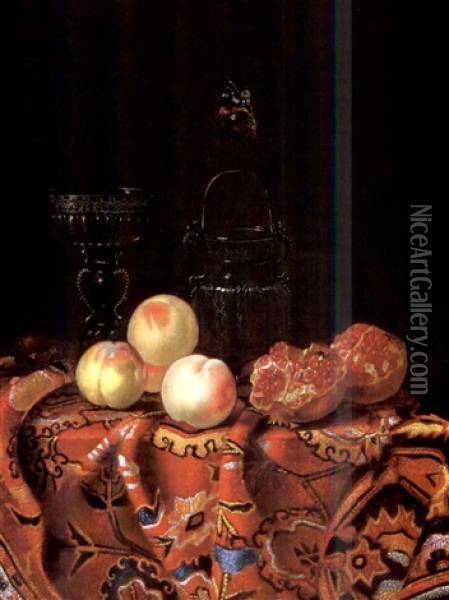 Peaches, Pomegranates, A Venetian Glass And A Glass Vessel With A Butterfly Nearby, On A Carpeted Table Oil Painting - Johannes Borman