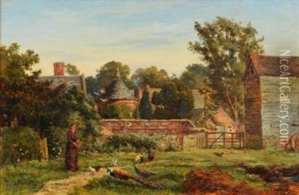 A Woman Feeding Peacocks, Doves And Poultry By A Garden Wall, View To Stable Buildings And A Country House Beyond Oil Painting - William Banks Fortescue