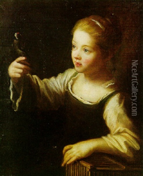 Portrait Of A Young Girl (marie Cochin?) With A Goldfinch Perched On Her Finger Oil Painting - Jean Raoux