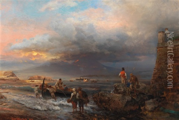 The Bay Of Naples With Vesuvius In The Background Oil Painting - Oswald Achenbach