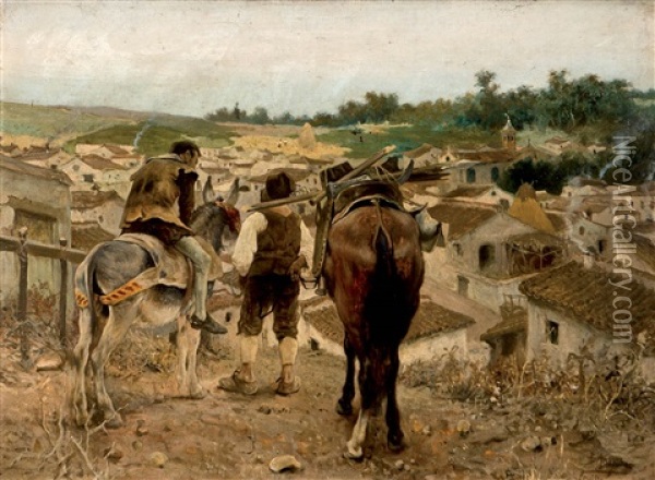 Campesinos Dirigiendose Al Pueblo Oil Painting - Jose Jimenez y Aranda