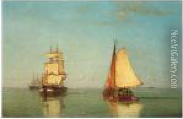 Two Sailing Vessels In A Calm Sea Oil Painting - Paul-Jean Clays