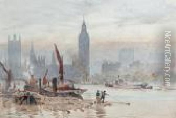 A Busy Thames Scene With Westminster In The Distance Oil Painting - Herbert Menzies Marshall