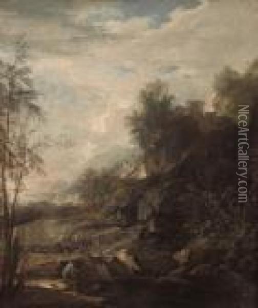 An Extensive Rocky River Landscape With Figures On A Bank Oil Painting - Marco Ricci
