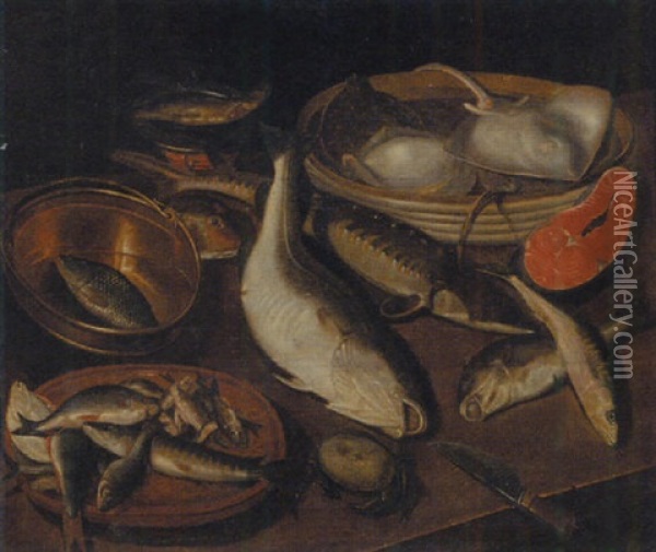Turbot On A Wooden Dish, Crabs, A Salmon Steak, Haddock And Other Fish On A Strainer Oil Painting - Joachim Beuckelaer