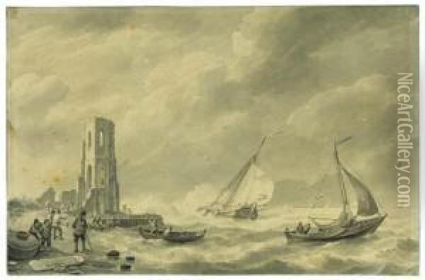 Shipping In A Strong Wind, With A Ruined Churchtower On Theshore Oil Painting - Johannes Hermanus Koekkoek