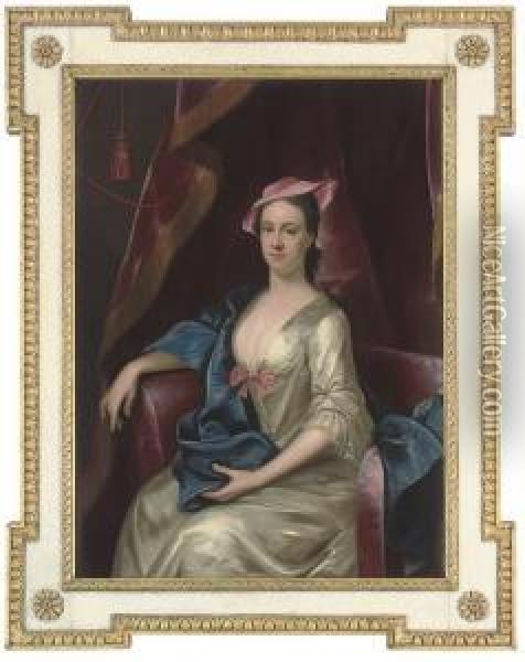 Portrait Of A Lady, Seated Three-quarter-length, In An Oyster Satindress And A Pink Hat Oil Painting - Henry Pickering