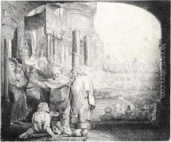 Peter And John Healing The 
Cripple At The Gate Of The Temple (b., Holl.94; H.301; Bb.59-a) Oil Painting - Rembrandt Van Rijn
