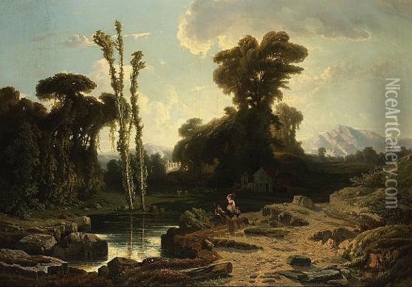 Figures Conversing Beside A River Oil Painting - Jean-Francois Batut
