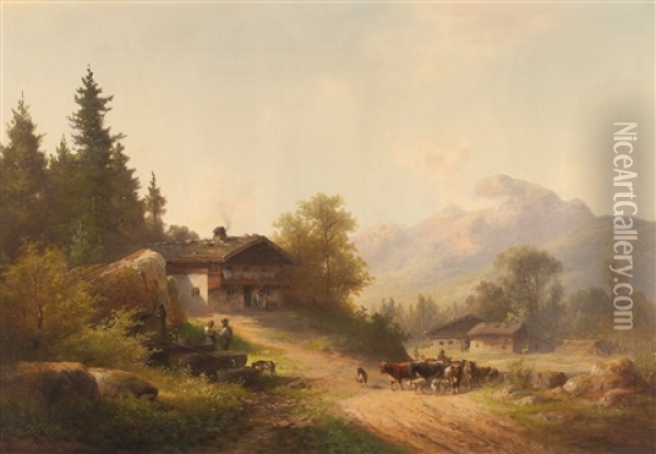 Farmstead In The Alpine Foothills Oil Painting - Anton Doll