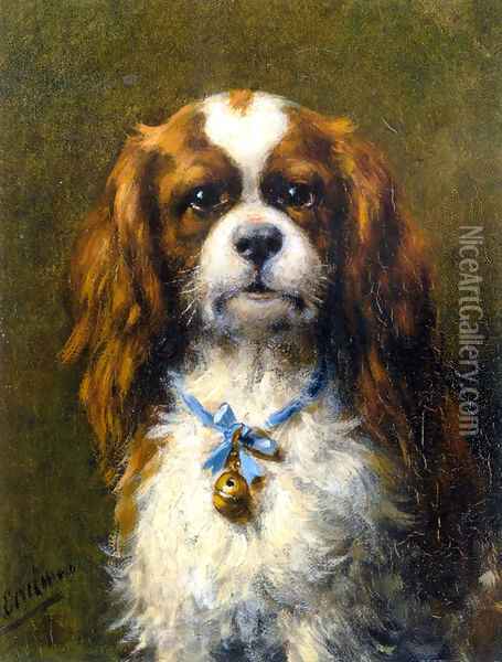 A King Charles Spaniel with a Blue Ribbon Oil Painting - Otto Eerelman