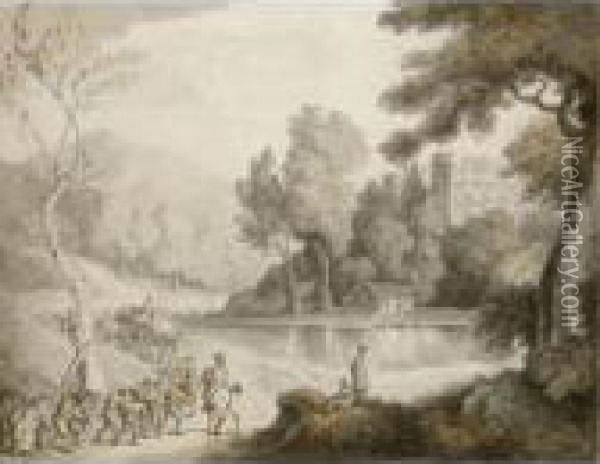 Soldiers In A Procession Past A Lake Oil Painting - Thomas Rowlandson