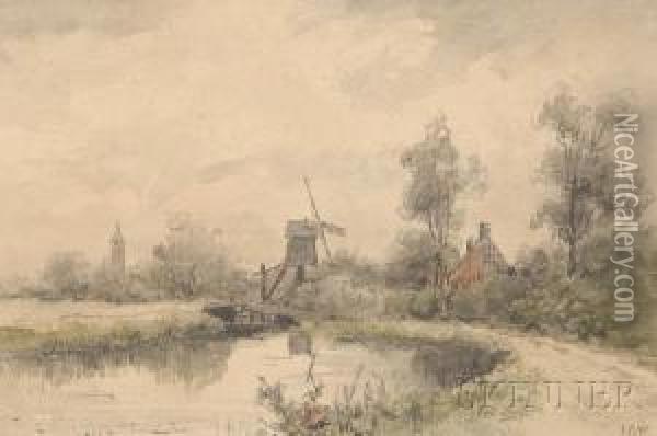 View Of A Polder Landscape With Windmill Oil Painting - Johannes Pieter Van Wisselingh