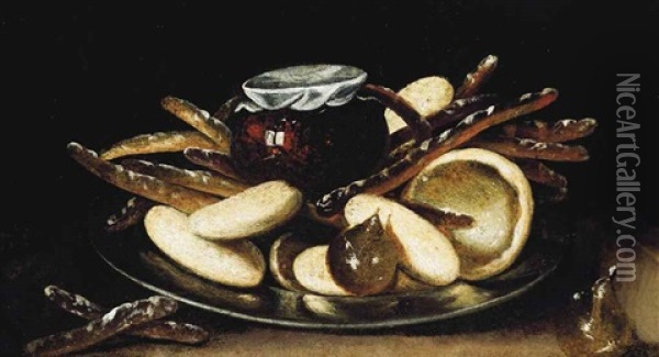 Bread And An Earthenware Jug On A Pewter Plate Oil Painting - Juan Van Der Hamen Y Leon