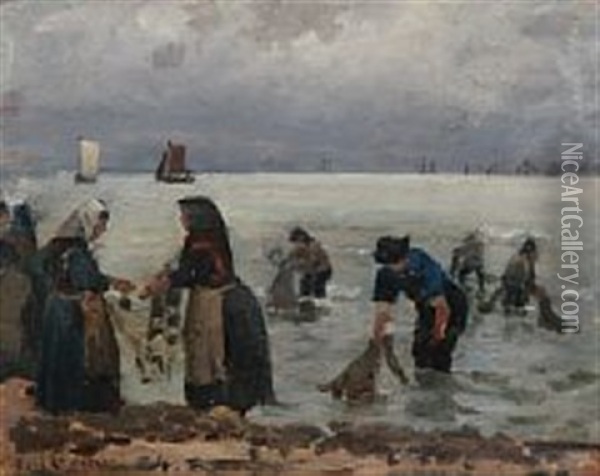 Fishermen Are Putting Their Nets In Order Oil Painting - Carl Ludvig Thilson Locher