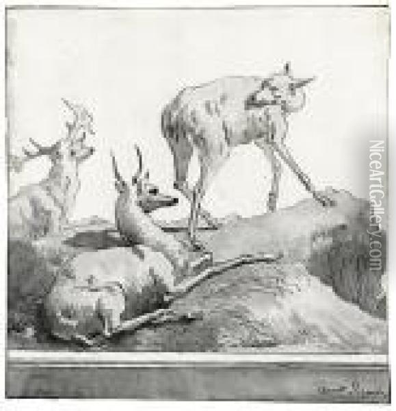 A Stag And His Family Oil Painting - Giovanni Domenico Tiepolo