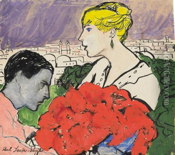 Paar Mit Rotem Bouquet(selbstbildnis) Oil Painting - Paul Lasker Schuler