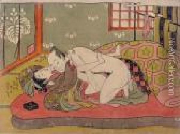 Six Erotic Prints: A Couple Making Love On A Red Futon Oil Painting - Isoda Koryusai