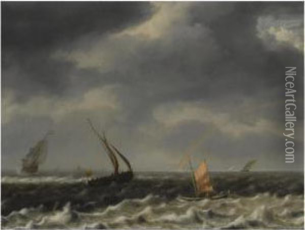 A Seascape With Dutch Shipping Vessels In Choppy Seas And A Rainbowin The Distance Oil Painting - Hendrik van Anthonissen