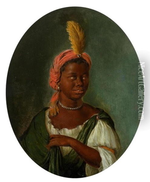 Portrait Of A Young African Woman With Pearl Necklace And Feather Turban Oil Painting - Willem van Mieris
