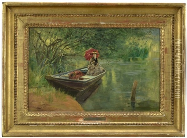 Kvinna Med Rott Parasoll, Montigny Sur Loing Oil Painting - Johannes Martin Grimelund