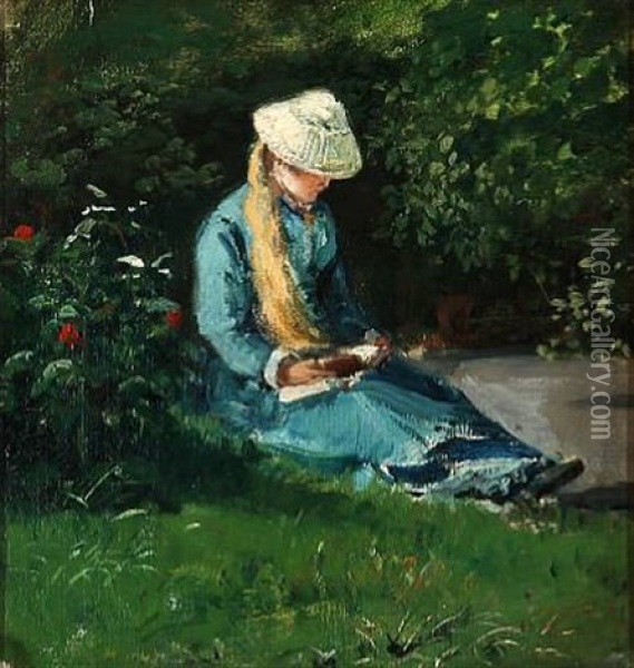A Young Girl Reading In A Garden Oil Painting - Marie K. H. Tannaes