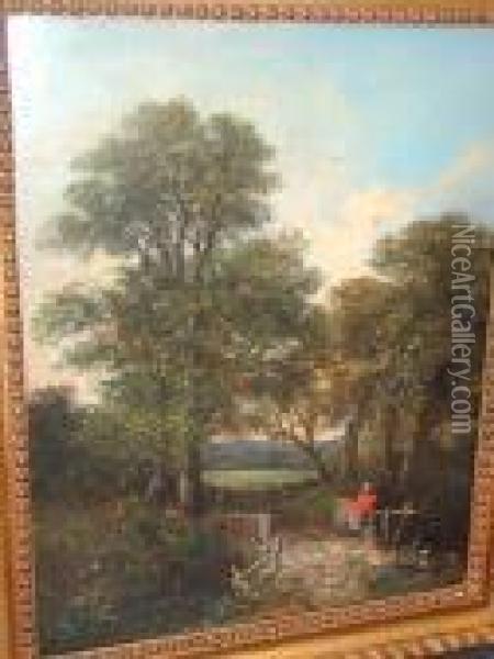 Figure On A Bridge In A Woodland Landscape Oil Painting - John Crome
