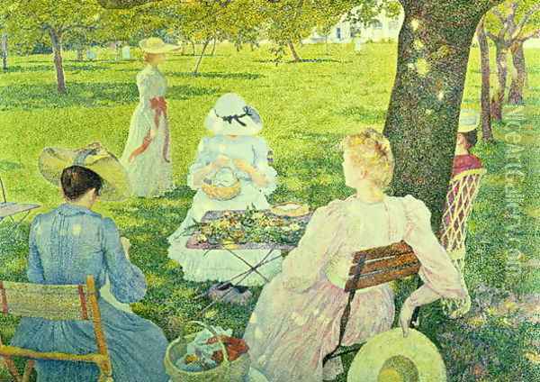 Family in the Orchard, 1890 Oil Painting - Theo van Rysselberghe