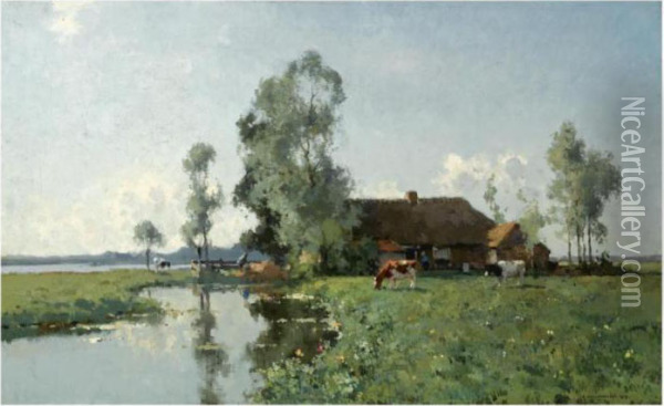 A Sunny View Of A Farm In A Polderlandscape Oil Painting - Cornelis Vreedenburgh