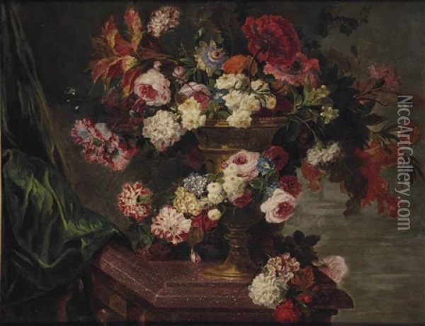 Bouquet De Fleurs Dans Un Vase Sur Une Table En Porphyre Oil Painting - Pierre Nicolas Huilliot