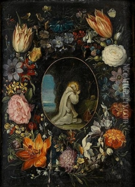 Saint Bernard In Prayer Surrounded By A Garland Of Flowers Oil Painting - Andries Daniels