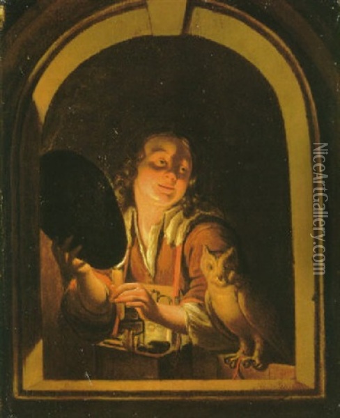 A Young Man And An Owl Oil Painting - Willem van Mieris