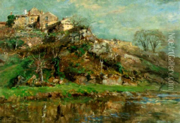 Village On A Hill Oil Painting - Edmond Marie Petitjean
