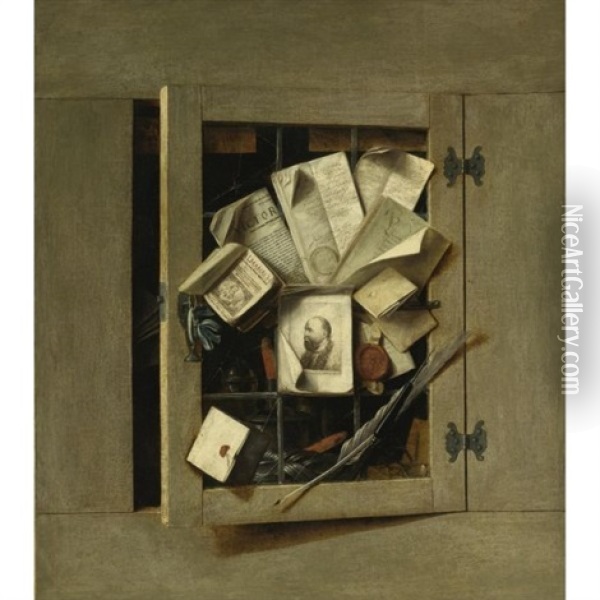 Trompe L'oeil Of An Open Cupboard Oil Painting - Cornelis Norbertus Gysbrechts