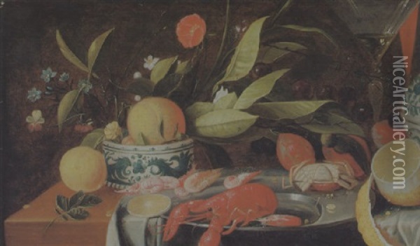 Stilleben Mit Fruchten, Schalentieren, Blumen, Einem Venezianischen Weinglas Und Einer Zitrone Oil Painting - Jan Davidsz De Heem