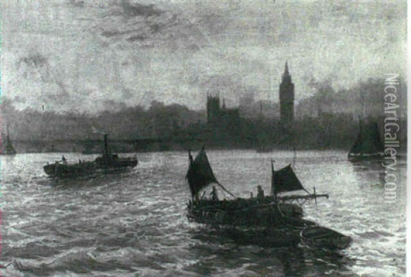 The Houses Of Parliament From The Thames Oil Painting - Edward Henry Eugene Fletcher