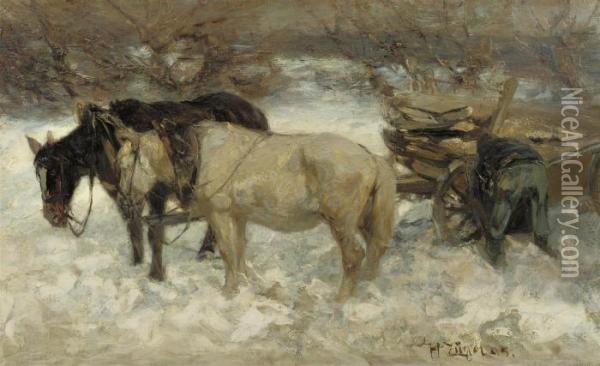 Horses In The Snow Oil Painting - Heinrich Johann Von Zugel