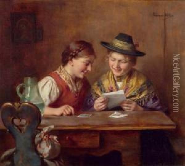 Two Girls Reading. Oil Painting - Emma Von Muller