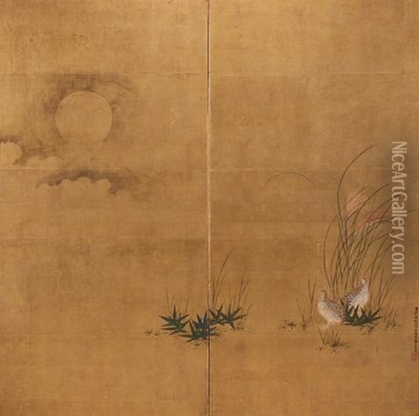 Quails In Grasses Under A Moon Oil Painting -  Mitsusada (Tosa Shigematsu)