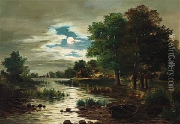 Full Moon At A Forest Lake Oil Painting - Adolf Chwala