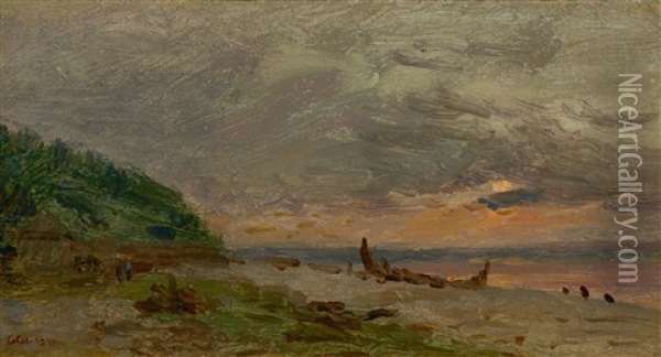 Shipwreck On A Beach At Sunset Oil Painting - Adolphe Felix Cals